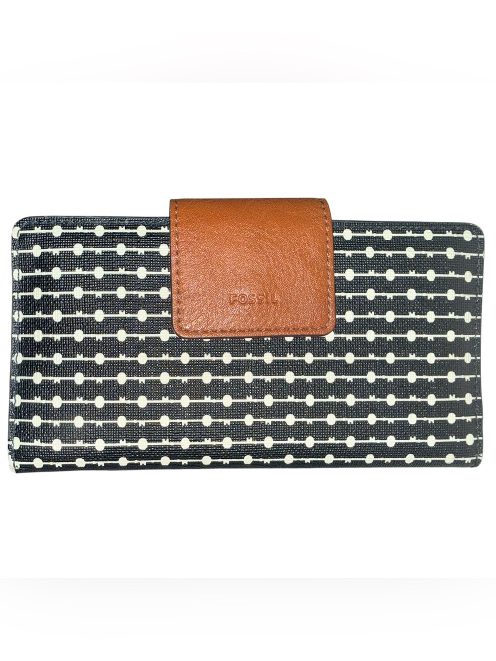 Fossil Black and White Key-Pattern Wallet with Brown Leather Snap